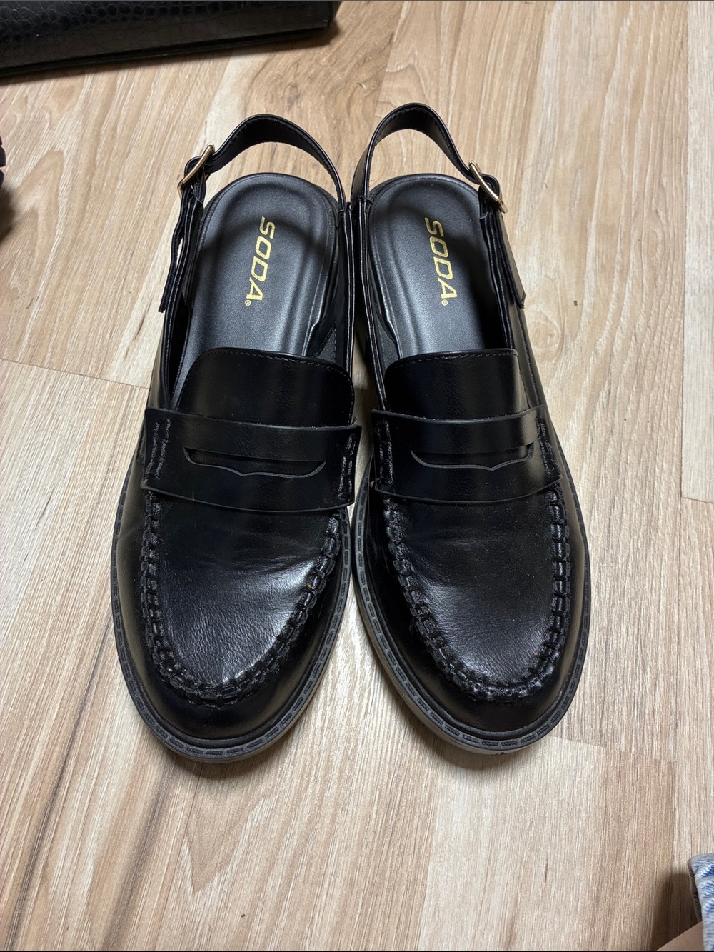 SODA Black Leather Slingback Penny Loafers